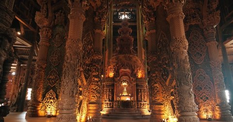 Pattaya, Thailand, February 2022 : Interior Sanctuary of Truth (Prasat Sut Ja-Tum), beautiful wooden temple by the sea on the outskirts of Pattaya Thailand, Amazing Thailand travel concept.