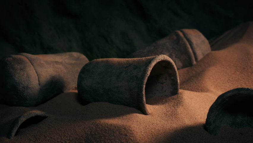 Ancient Jars In Cave Moving Shot
