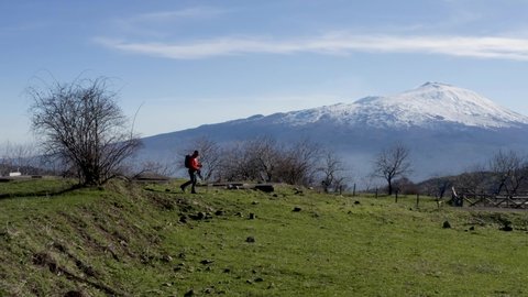Trekking on the Nebrodi mountains with a view of the Etna volcano in Sicily. Views and climbing with Etna in the background, lake with a view of Etna. Winter in Sicily. Sicilian sunsets.
