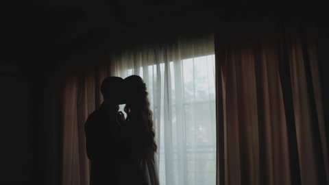 Silhouette of a man and woman in love hugging by the window. Medium shot Silhouette of newlywed couple. Marriage, romantic atmosphere.