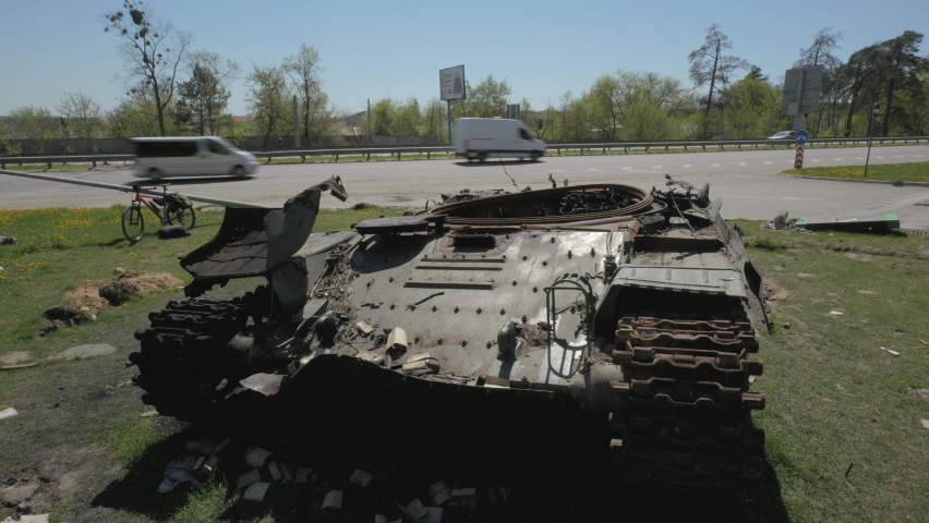 The remains of a burnt and destroyed tank of the Russian army as a result of a battle with Ukrainian troops near Kyiv. Russian aggression in Ukraine.