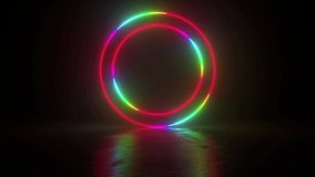 Circle stage multicolored neon light. Futuristic Sci fi abstract colorful circles background. Shine rings. LED ellipses. Shimmer motion glow portal. Podium for product display. 3d animation loop 4K - Powered by Shutterstock - Get 15% off with code: PIKWIZARD15