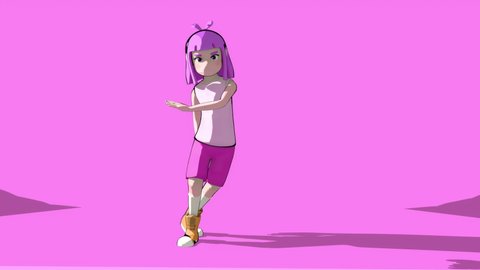 Illustrated cartoon anime girl dancing. 4K animation. Pink background.