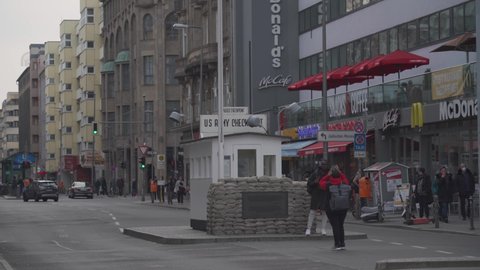 March 14, 2022. Berlin. Germany. Checkpoint Charlie famous passage between West and East Berlin during Cold War. Checkpoint Charlie historical border transition. Wall crossing point