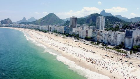 Aerial shot of the Copacabana beach, one of the world's most famous beaches located in Rio de Janeiro, Brazil. 