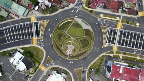 San Jose, San Jose  Costa Rica  05 05 2022: Beautiful cinematic aerial footage of the new Flag roundabout in Costa Rica, Rotonda de la bandera, un San José