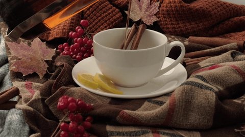 Autumn mood concept. Hot tea pouring with lemon and cinnamon sticks on cozy sweater scarf background. Fall leaves and berries composition still life. Cup of mulled wine. Tea Time