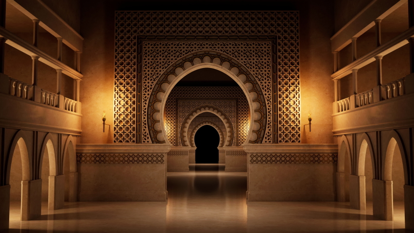 Moroccan Carved stone archway. 3D render. 4K motion graphics background or intro for TV shows, documentary movie, catwalk stage design or Arabian Nights and Moorish architecture related projects. Royalty-Free Stock Footage #1090068749