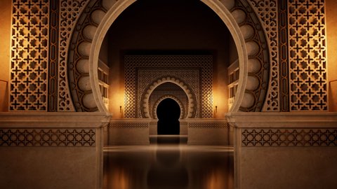 Moroccan Carved stone archway. 3D render. 4K motion graphics background or intro for TV shows, documentary movie, catwalk stage design or Arabian Nights and Moorish architecture related projects.