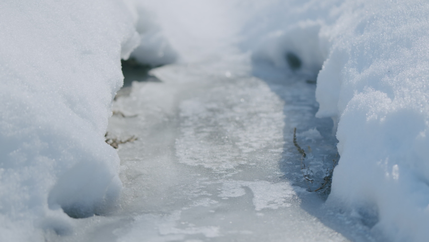 Beautiful nature scene with ice and creek water on spring day. Ice is washed by melt water.
