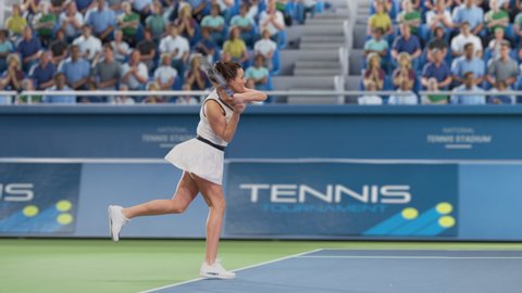 Female Tennis Player Hitting Ball with a Racquet During Championship Match. Professional Woman Athlete Striking Ball. World Sports Tournament with Audience. Cinematic Slow Motion Side View Playback