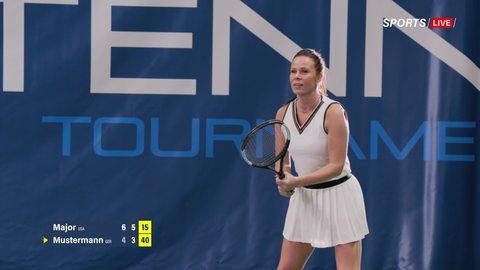 Sports TV Broadcast of Female Tennis Championship Match with Score. Professional Woman Athlete Compete, Lands Perfect Shot, wins Game. Network Channel Television Playback with Screen Info