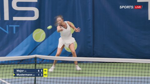 Sports TV Female Tennis Match on Championship. Female Tennis Player Serving Ball with a racquet, Playing Professionally on Tournament. Live Network Channel Television. 50 FPS Playback Wide Shot