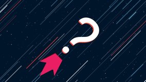 Question symbol flies through the universe on a jet propulsion. The symbol in the center is shaking due to high speed. Seamless looped 4k animation on dark blue background with stars