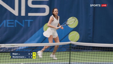 Tennis Championship Match Sports TV Broadcast. Female Tennis Player Hitting Ball with racquet. Professional Woman Athlete on Tournament. Sports Channel Network Television Broadcasting. 50 FPS Playback