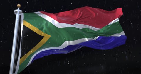 South Africa Flag Waving with rain and snow in the night. Loop
