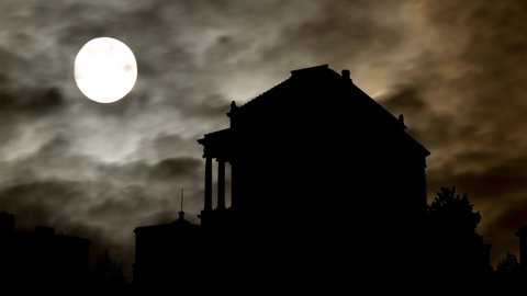 Masonic Templ by Night with Dark Atmosphere, Fog, Smoke, and Full Moon, Washington, D.C.