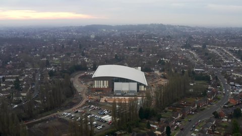 BIRMINGHAM, UK - 2022: Aerial view of Sandwell Aquatics centre development for the Birmingham 2022 commonwealth games