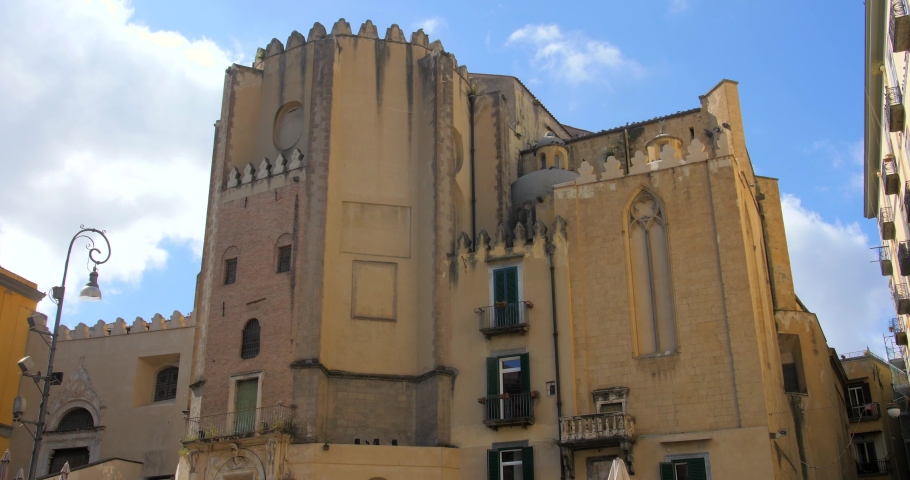 View Of Gothic Roman Catholic Church Of San Domenico Maggiore In Naples, Italy. Low Angle, Slide Shot