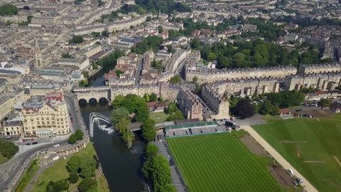 Aerial drone view overlooking a the old, historic cityscape of Bath, England, UK
