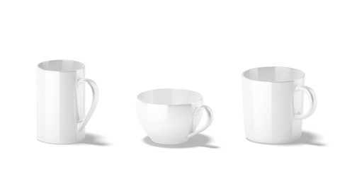 Blank white ceramic mug mock up set, looped rotation, 3d rendering. Empty cylindrical, cappucino and dinera cup turning mockup, isolated on white background. Clear restaurant dishware template.