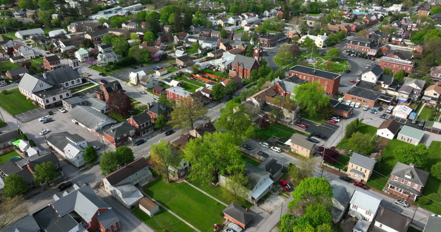 Small town American city. Aerial approach of town center. | Shutterstock HD Video #1090090827