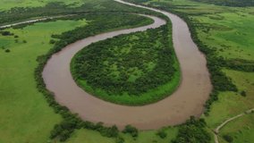 drone shot aerial view winding river, tropical rain forest, natural wilderness