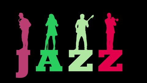 A jazz band consisting of a saxophonist, vocalist, guitarist and trumpeter plays while standing on the colorful word Jazz.