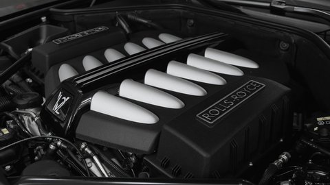 Rolls-Royce Wraith W12 powerful engine. Car motor. Closeup view. Moscow, Russia - May, 2022