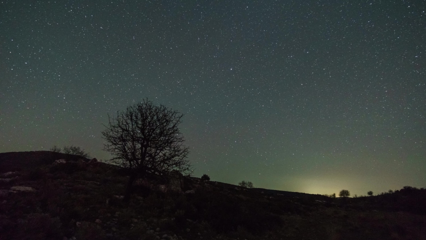 Time lapse of stars at night and Milky Way rising over silhouette of tree on rocky meadow, Greece