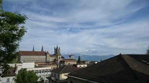 City of Lausanne. Time lapse of Lausanne cathedral Notre dame and Palais de Rumine. Historical monument. Lausanne, Switzerland.