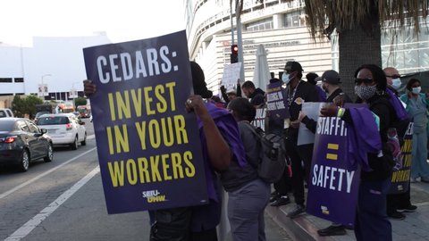 Los Angeles- May 9th, 2022: Cedars Sinai employee's go on strike for better work conditions