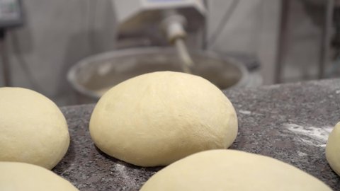 Cooking buns. Rustic style. Process of making bread. kneading dough, cooking buns. Camera movement, panorma of small buns on table. Production of wheat bread. Bakery. Workflow