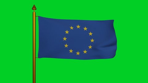 European Union flag 3D Render with flagpole on chroma key, EU Flag of Europe, European Union national flag textile, logo of the Council of Europe. High quality 4k footage