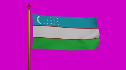 National flag of Uzbekistan waving 3D Render with flagpole on chroma key, Republic of Uzbekistan flag textile by Farxod Yuldasev, coat of arms Uzbekistan, Uzbek or Ozbekiston davlat bayrogi. 4k