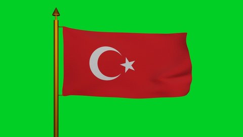 National flag of Turkey waving 3D Render with flagpole on chroma key, Turkish flags textile featuring star and crescent, al bayrak or as al sancak, Ottoman flag in Turkish Flag Law. 4k footage