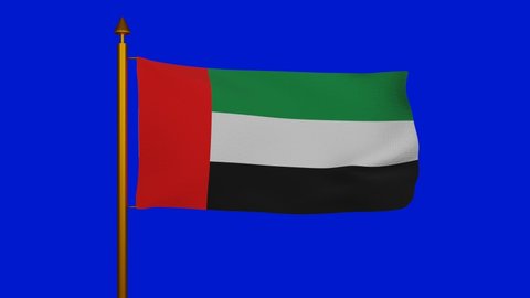 National flag of United Arab Emirates waving 3D Render with flagpole on chroma key, used Pan-Arab colors and designed Abdullah Al Maainah, UAE flag. High quality 4k footage