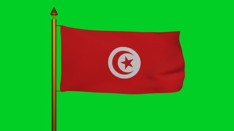 National flag of Tunisia waving 3D Render with flagpole on chroma key, Republic of Tunisia flag textile designed by Al Husayn II ibn Mahmud, coat of arms Tunisia independence day. 4k footage