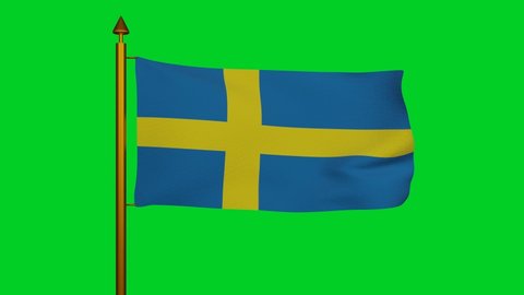National flag of Sweden waving 3D Render with flagpole on chroma key, Sveriges flagga with yellow Nordic cross, Swedish flag. High quality 4k footage