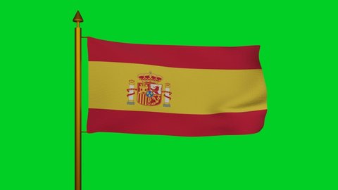 National flag of Spain waving original size and colors 3D Render with flagpole on chroma key, Spain flag or Bandera de Espana. la Rojigualda in Kingdom of Spain. Spanish flag textile. 4k footage