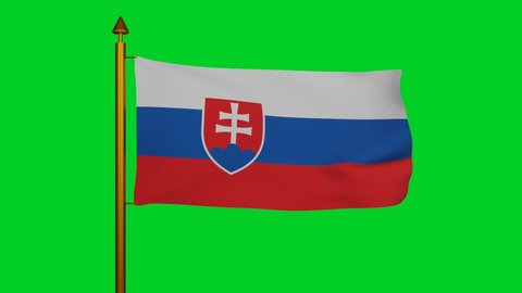 National flag of Slovakia waving 3D Render with flagpole on chroma key, Slovak Republic flag textile by Ladislav Cisarik and Ladislav Vrtel, coat of arms Slovakia, Slavic nations. 4k footage