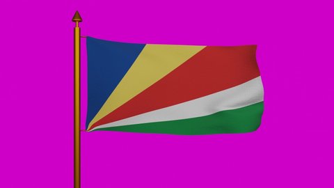 National flag of Seychelles waving 3D Render with flagpole on chroma key, made with Seychelles Peoples United Party and Seychelles Democratic Party, Republic of Seychelles flag. 4k footage