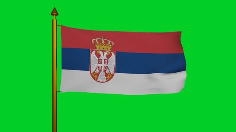 National flag of Serbia waving 3D Render with flagpole on chroma key, Republic of Serbia flag textile, Zastava Srbije or trobojka, coat of arms Serbia independence day, Habsburg. 4k footage