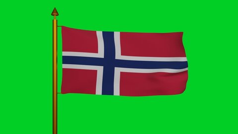 National flag of Norway waving 3D Render with flagpole on chroma key, Norges flagg or Noregs flagg used blue Scandinavian cross, Kingdom of Norway flag with Nordic cross. High quality 4k footage