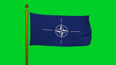 North Atlantic Treaty Organization flag waving 3D Render with flagpole on chroma key, Flag of NATO textile, compass rose emblem: USA, New York - 28 April, 2022. 4k