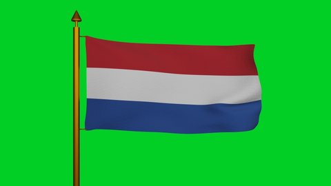 National Flag of the Netherlands waving 3D Render with flagpole on chroma key, Holland tricolour flag, de Nederlandse vlag, Kingdom of the Netherlands flag Dutch. High quality 4k footage