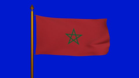 National flag of Morocco waving 3D Render with flagpole on chroma key, Kingdom of Morocco flag textile or Standard Moroccan Tamazight, coat of arms Morocco independence day, Moroccan Rabat. 4k footage