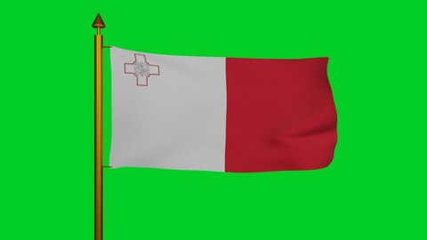 National flag of Malta waving 3D Render with flagpole on chroma key, Republic of Malta flag textile or Bandiera ta Maltese, coat of arms Malta independence day. High quality 4k footage