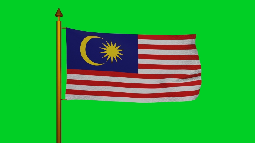 National flag of Malaysia waving 3D Render with flagpole on chroma key, Republic of Malaysia flag textile or Jalur Gemilang, Malaysian coat of arms Malaysia independence day. High quality 4k footage