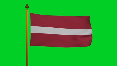 National flag of Latvia waving 3D Render with flagpole on chroma key, Latvijas karogs designed by Ansis Cirulis, Latvian flag, Flag of Republic of Latvia. High quality 4k footage